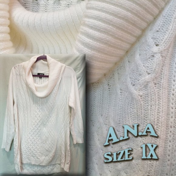 A.N.A. Cream Color Cable/Diamond Knit Long Tunic Length Cowl Neck Sweater 1X - Picture 1 of 9